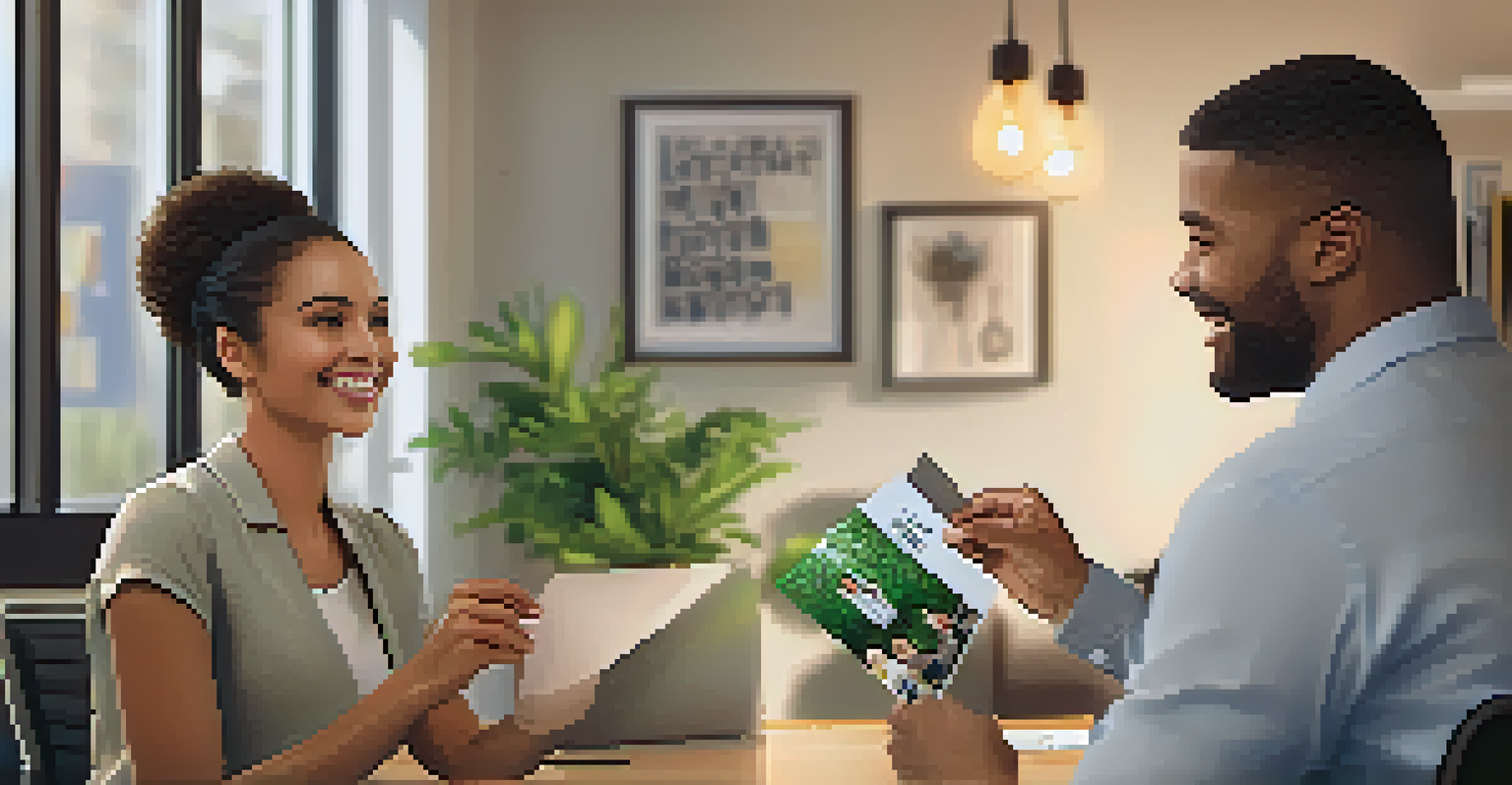 A close-up of a smiling employee receiving a 'Thank You' card from a manager in a cozy office setting.