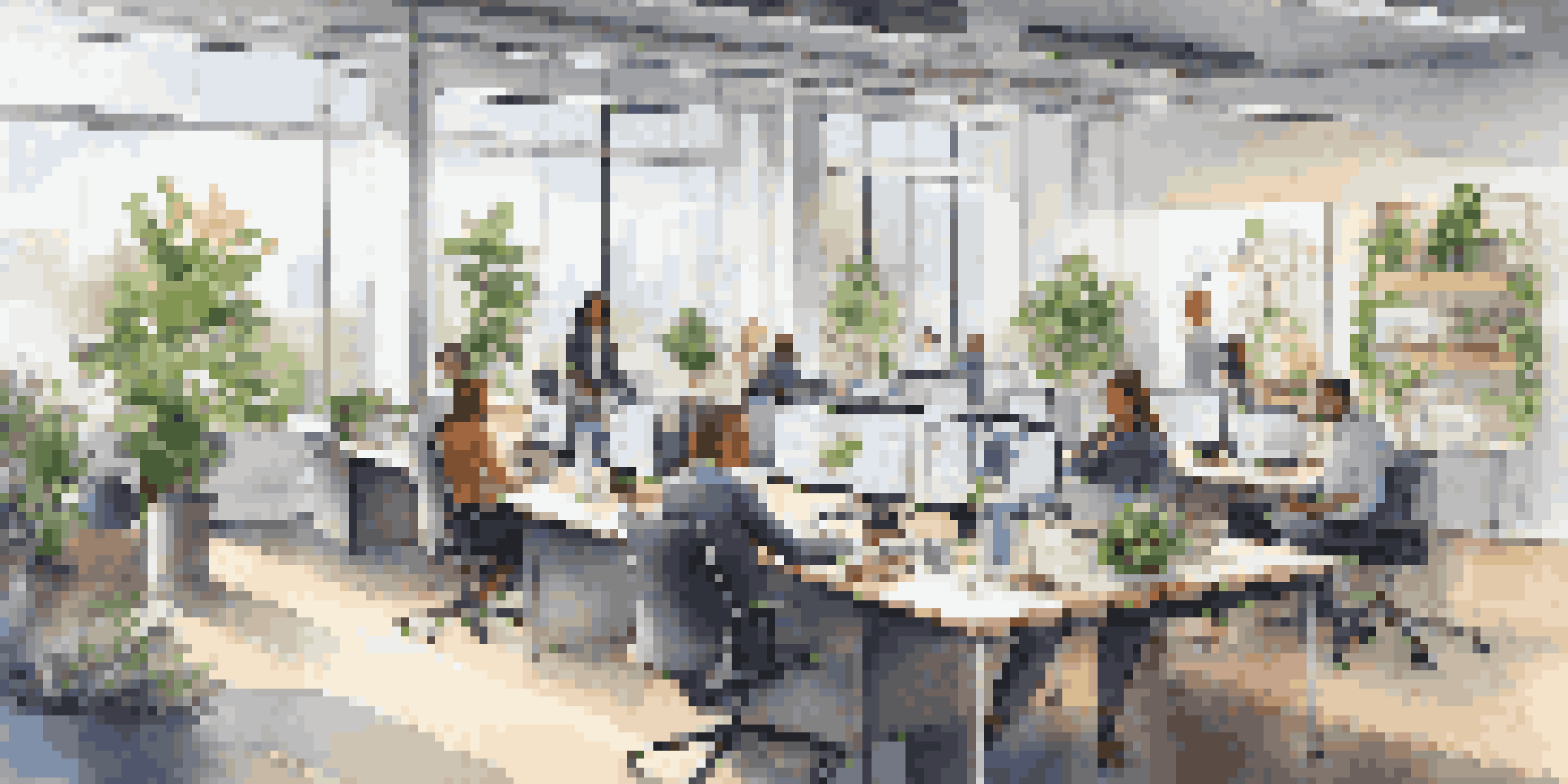 A diverse group of employees collaborating in a bright modern office with digital devices and plants around them.