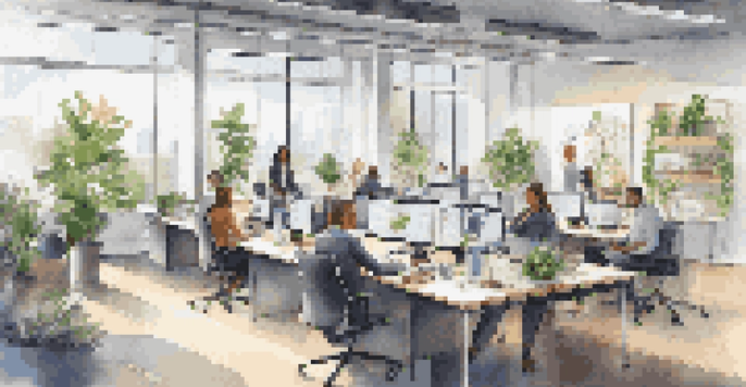 A diverse group of employees collaborating in a bright modern office with digital devices and plants around them.