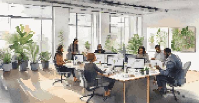 A diverse group of professionals in a bright office discussing online reputation management around a conference table.