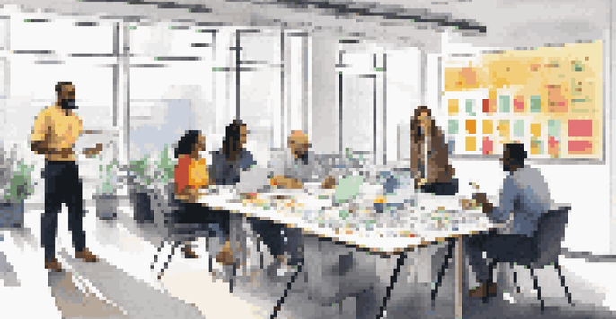 A diverse group of employees engaged in a discussion around a table, analyzing survey results in a bright, modern office.