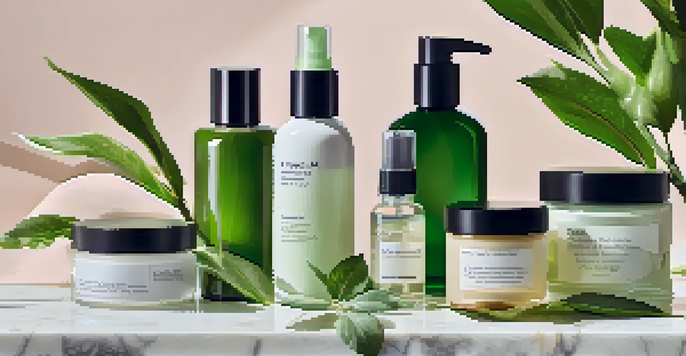 Flat lay of skincare products with green leaves on a marble surface.