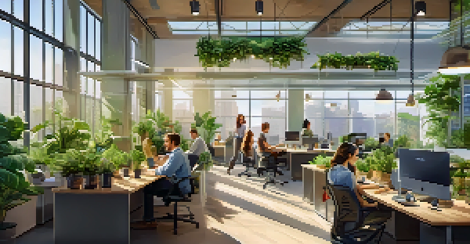 A bright office environment with employees working on laptops among plants, promoting a sustainable workspace.