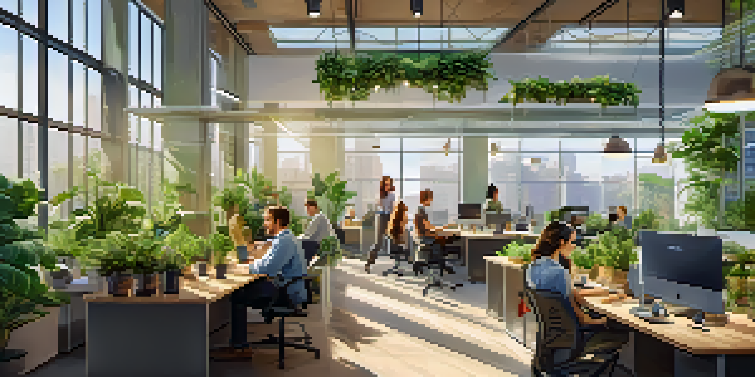 A bright office environment with employees working on laptops among plants, promoting a sustainable workspace.