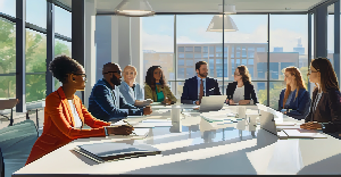 A diverse group of employees, including different races, genders, and ages, engaged in a brainstorming session around a conference table in a bright room.