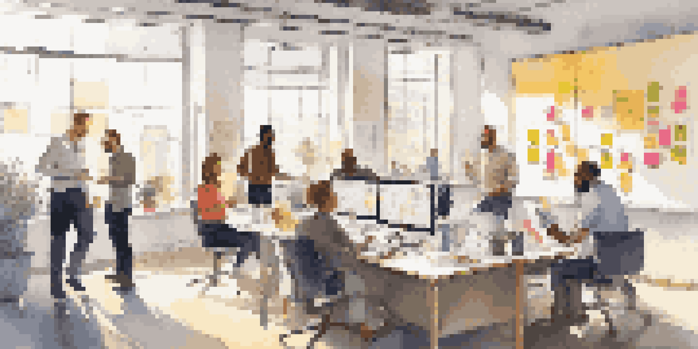 A diverse Agile team engaged in a daily stand-up meeting in a bright office, with a Kanban board in the background.