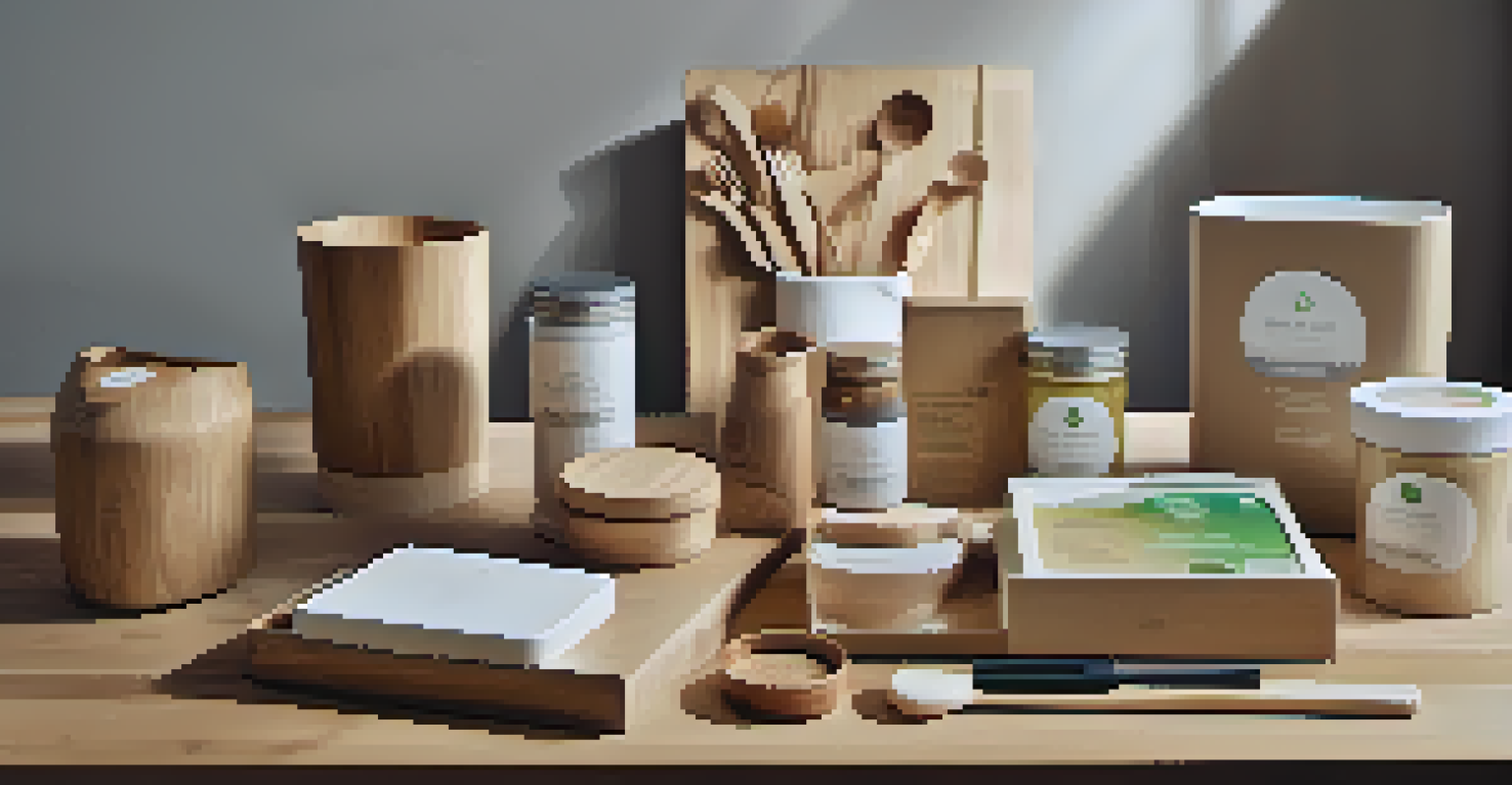 A close-up view of eco-friendly products on a reclaimed wood table, with warm lighting emphasizing their textures.