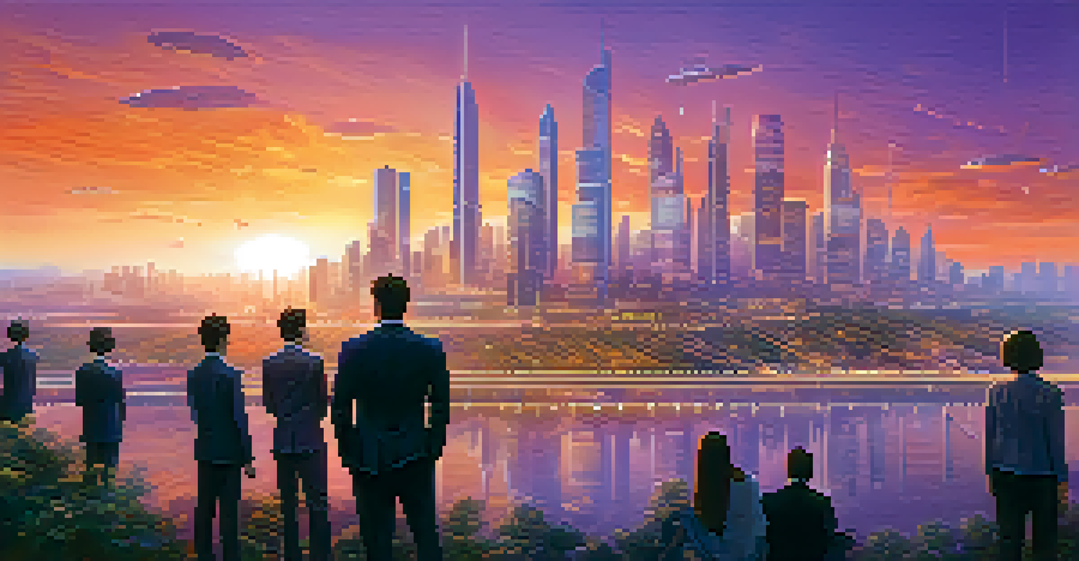 A futuristic city skyline at sunset with sustainable buildings and a group of diverse young investors in the foreground, representing the future of corporate governance.