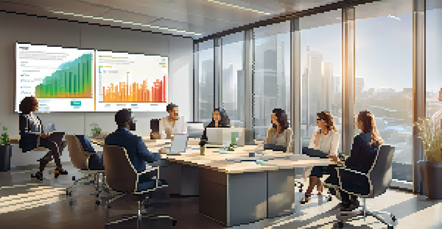 A diverse team of professionals discussing ESG metrics in a bright modern office.