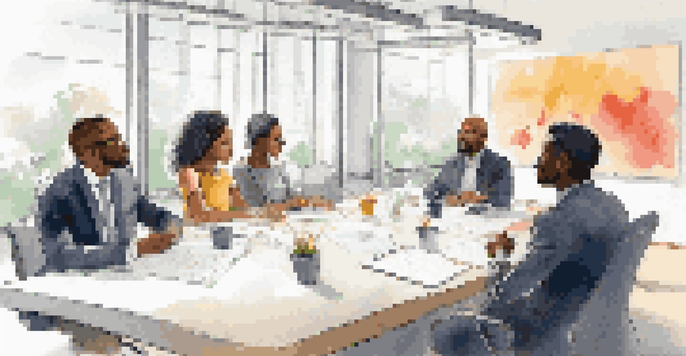 A diverse group of professionals engaged in a collaborative discussion at a conference table, with a whiteboard in the background and soft natural lighting.