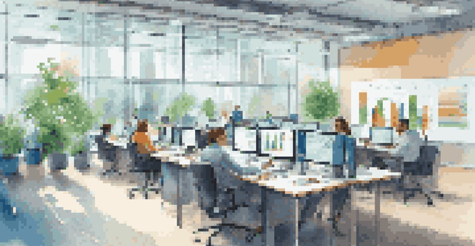 A diverse team of professionals working together in a bright office, discussing performance metrics displayed on screens.