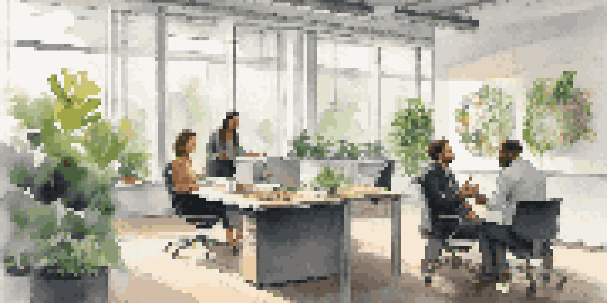 Two employees in a modern office discussing a project with a laptop open between them, surrounded by natural light and greenery.
