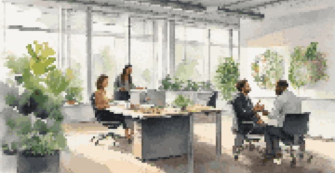 Two employees in a modern office discussing a project with a laptop open between them, surrounded by natural light and greenery.