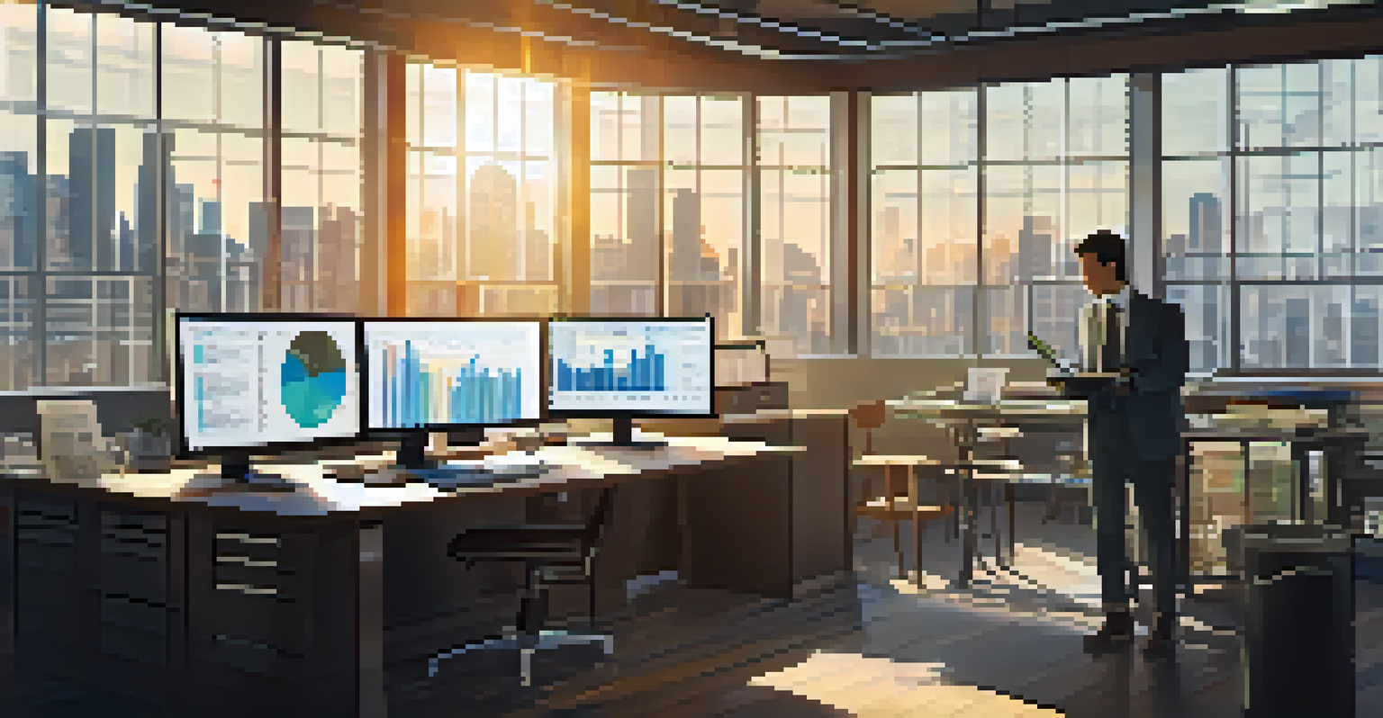 A workspace with a computer analyzing sales data, cluttered with reports and a coffee cup, and natural light coming through a window.