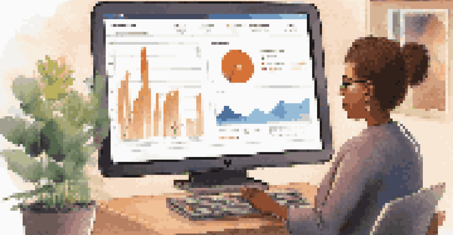 A person using a tablet to interact with a digital financial dashboard in a cozy home office setting.