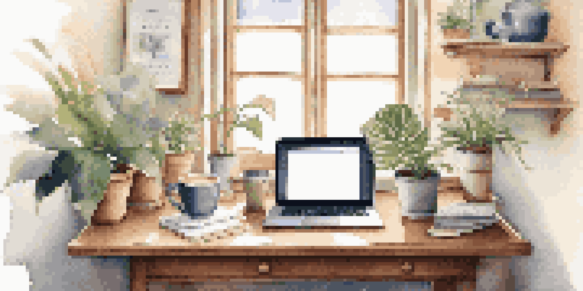 A cozy workspace with a wooden desk, a laptop, coffee cup, and potted plants illuminated by morning light.