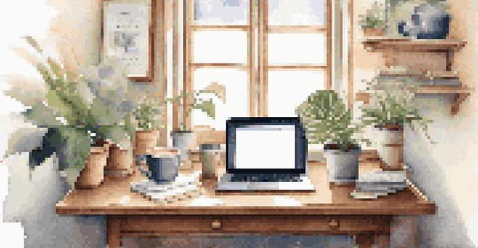 A cozy workspace with a wooden desk, a laptop, coffee cup, and potted plants illuminated by morning light.