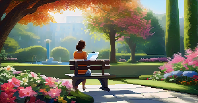 A peaceful garden filled with colorful flowers and plants, with a person sitting on a bench reading reviews on a tablet, bathed in soft sunlight.