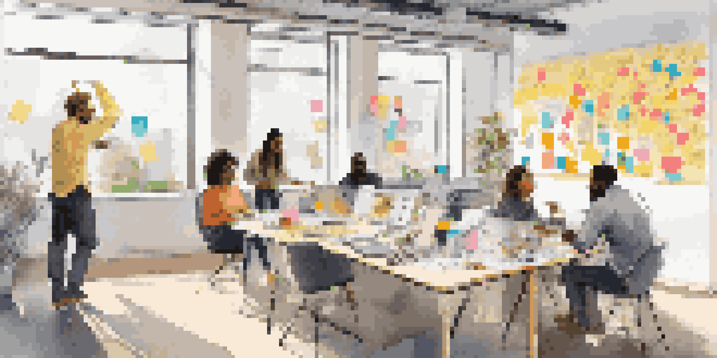 A bright and vibrant workspace with diverse individuals brainstorming together, surrounded by colorful notes and sketches.