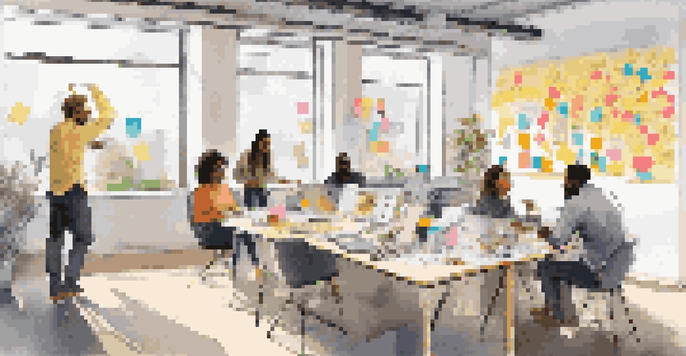 A bright and vibrant workspace with diverse individuals brainstorming together, surrounded by colorful notes and sketches.
