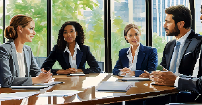 A diverse group of business professionals discussing ethical leadership at a conference table.