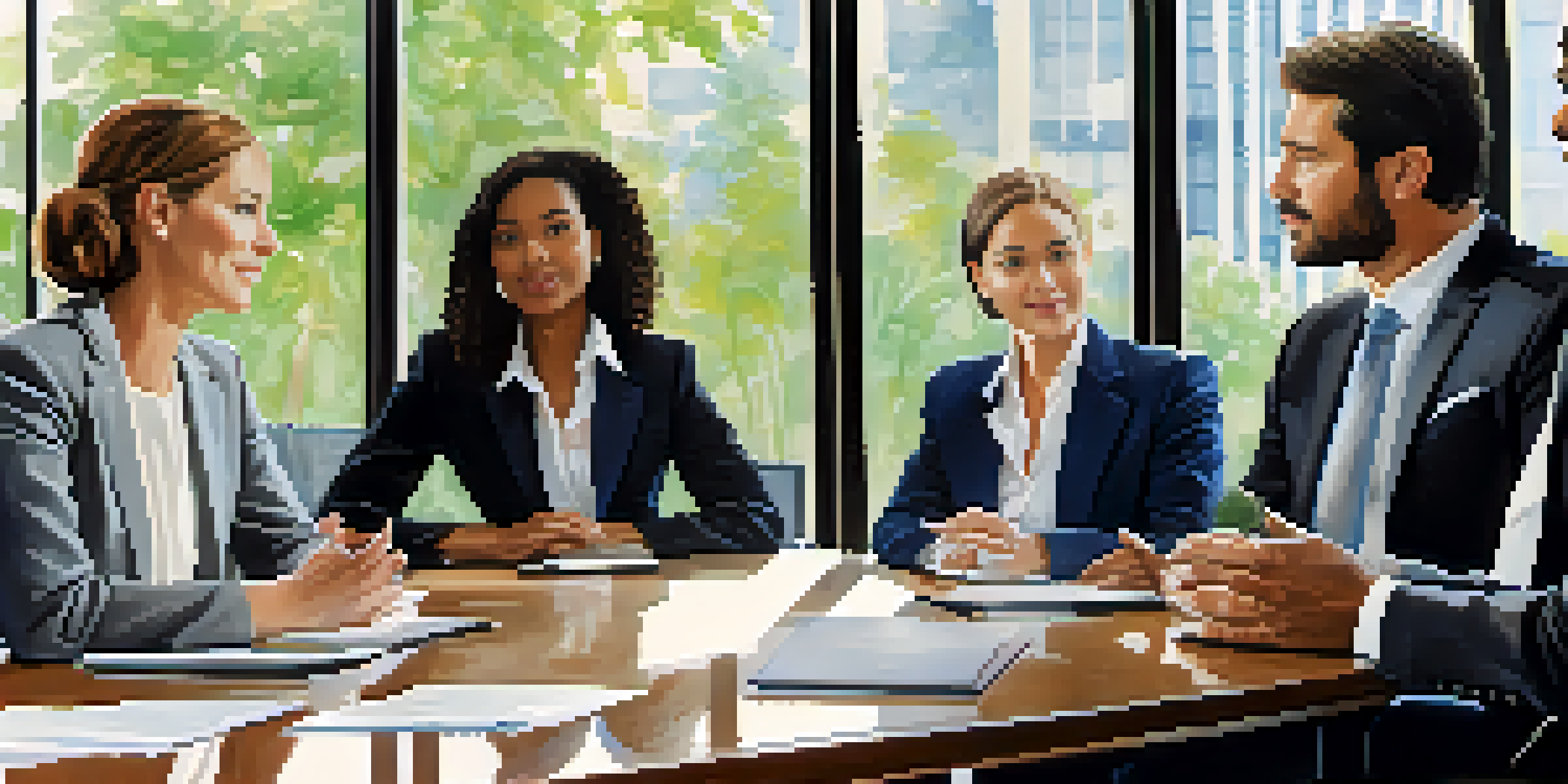 A diverse group of business professionals discussing ethical leadership at a conference table.