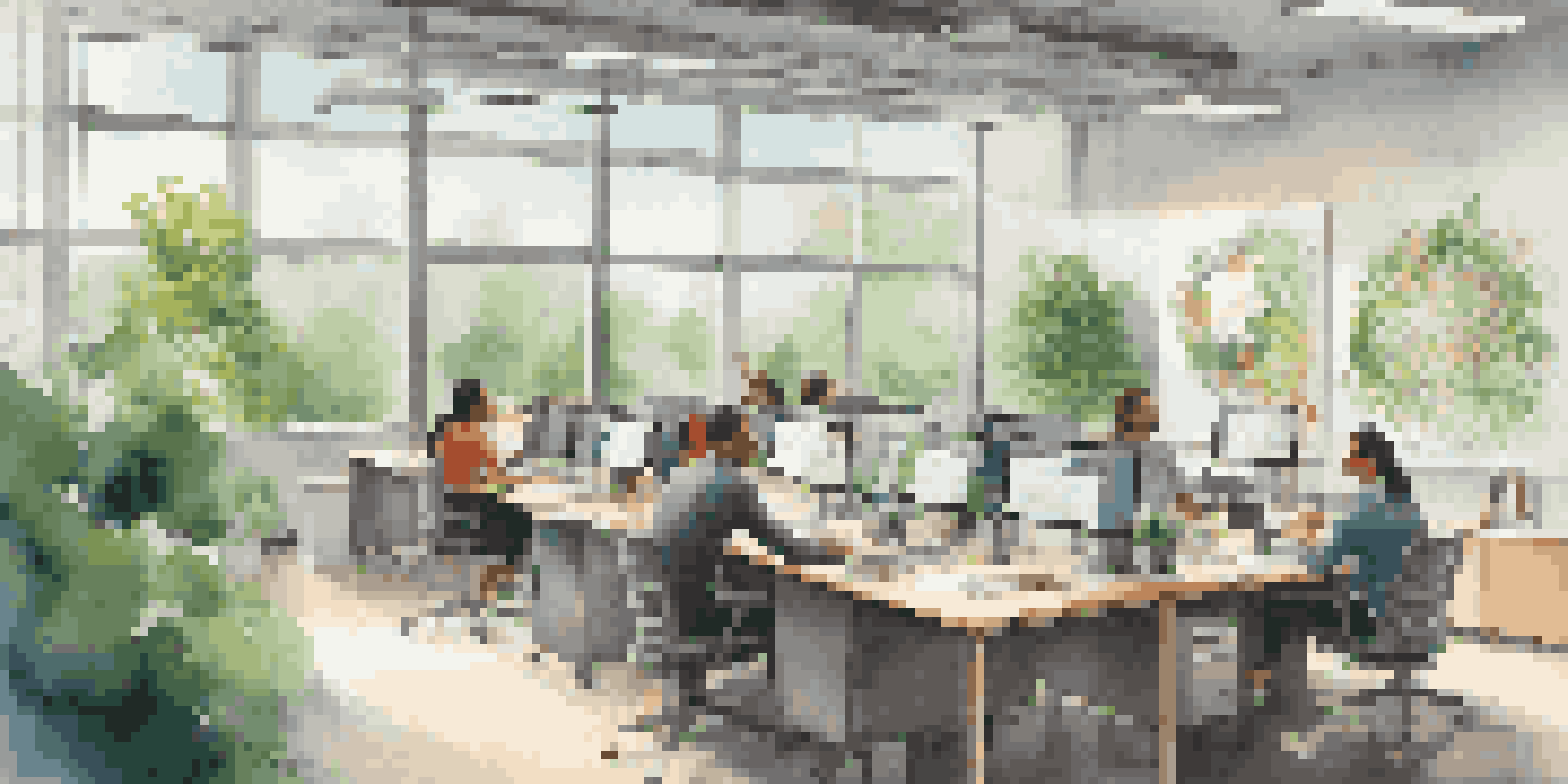 A bright and open office environment with employees working together at a round table, surrounded by plants and motivational posters.