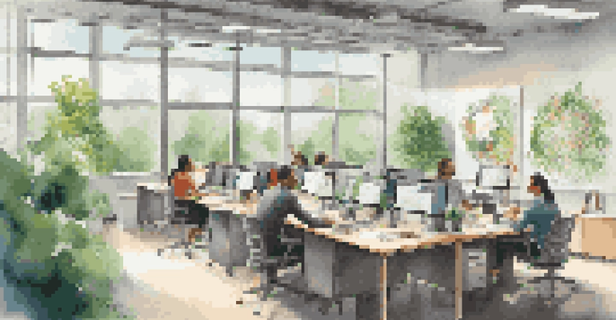 A bright and open office environment with employees working together at a round table, surrounded by plants and motivational posters.