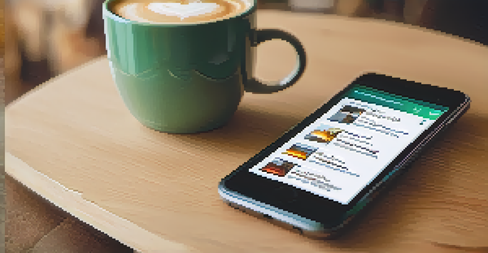 A smartphone showing a review page with star ratings and comments, accompanied by a cup of coffee, in a warm setting.