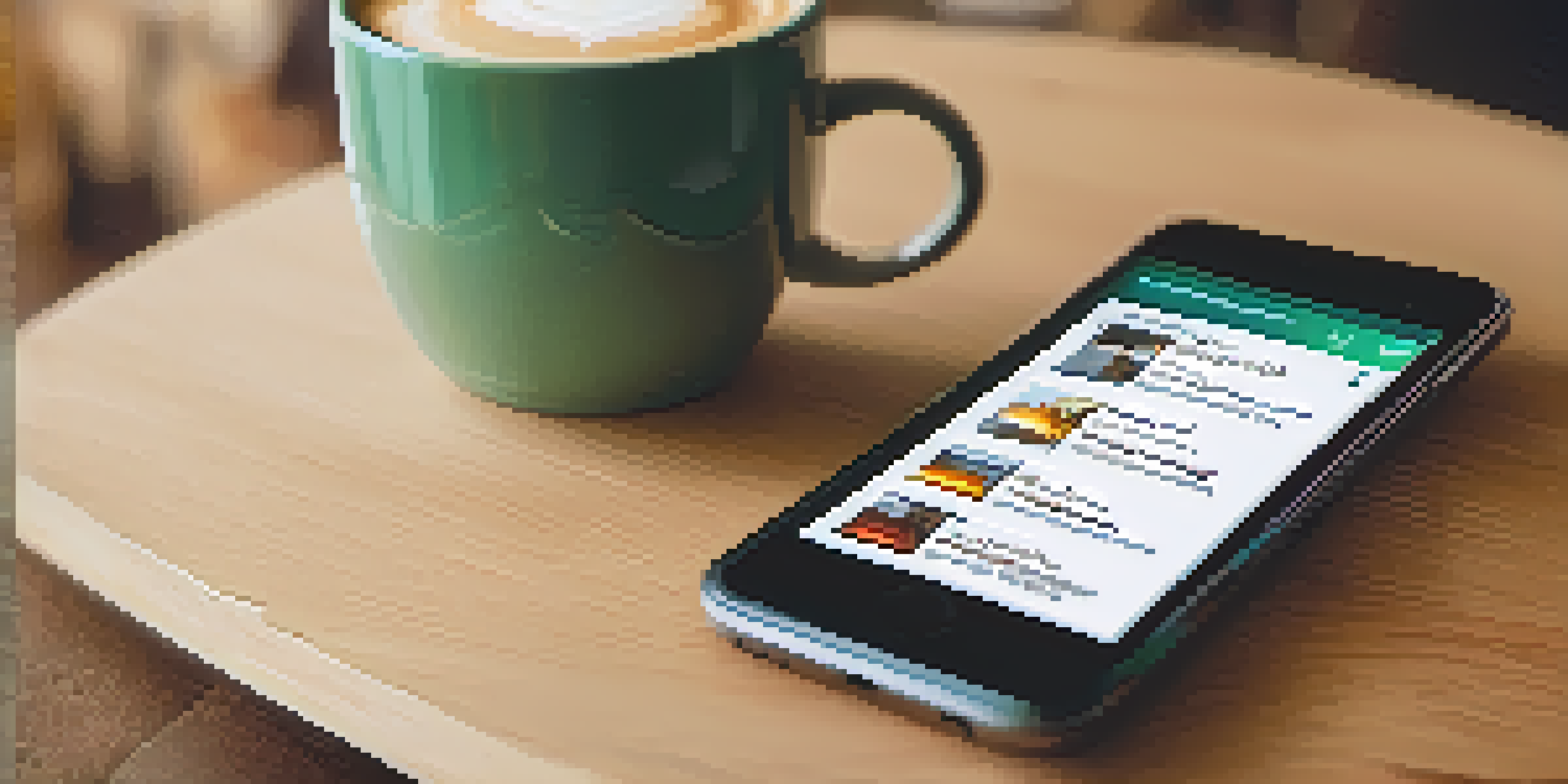 A smartphone showing a review page with star ratings and comments, accompanied by a cup of coffee, in a warm setting.