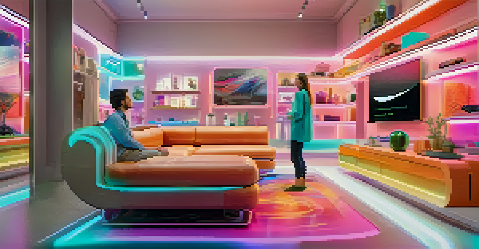 A person using a voice assistant to visualize furniture in augmented reality within a modern home setting.