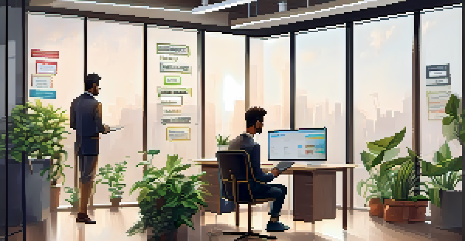 A mentor and a young entrepreneur discussing ideas in an inspirational office, surrounded by motivational quotes and plants.