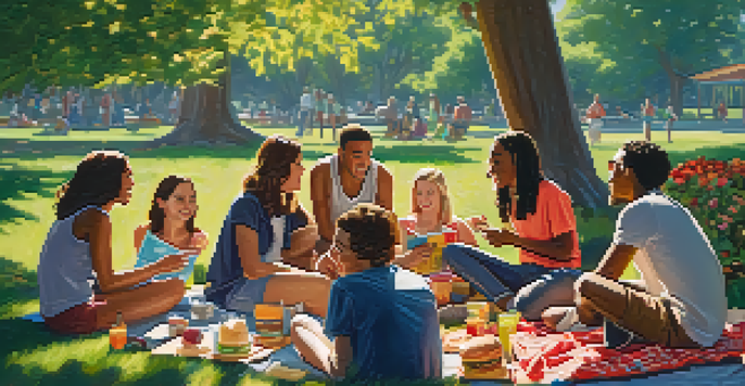 A diverse group of young adults having a lively discussion in a sunlit park surrounded by greenery and flowers.