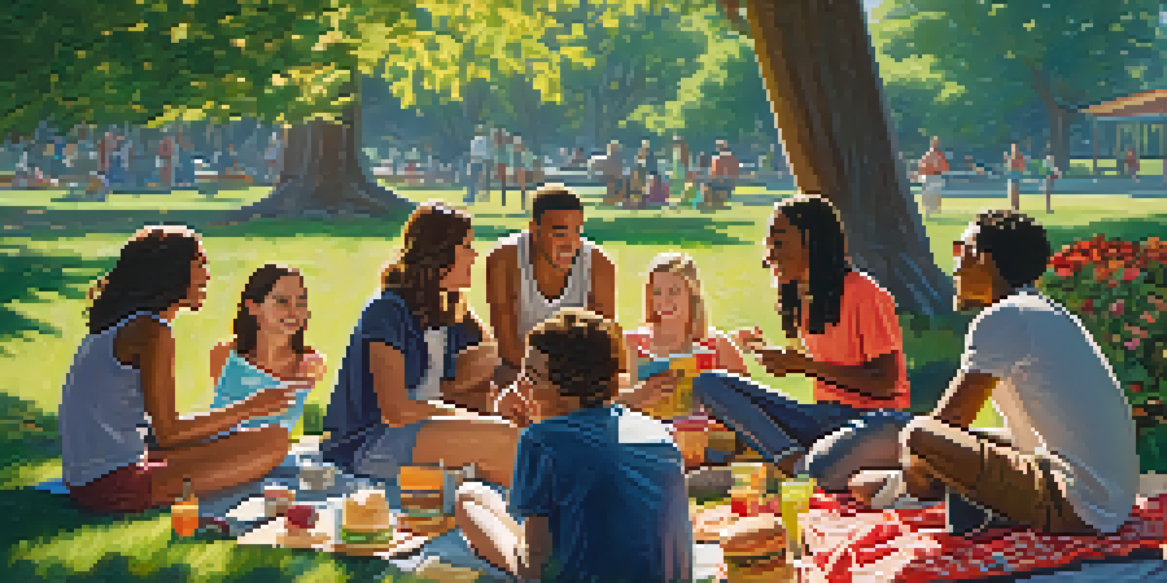 A diverse group of young adults having a lively discussion in a sunlit park surrounded by greenery and flowers.