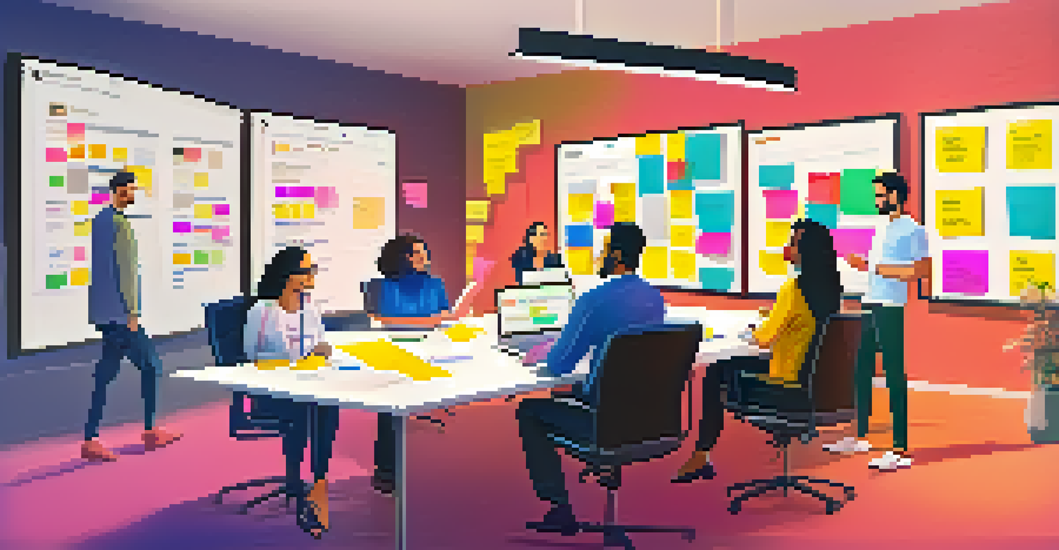 A marketing team brainstorming in a colorful meeting room with a screen showing automation software.