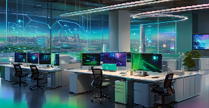 A modern office with employees working alongside digital displays and holograms, emphasizing AI-driven automation.