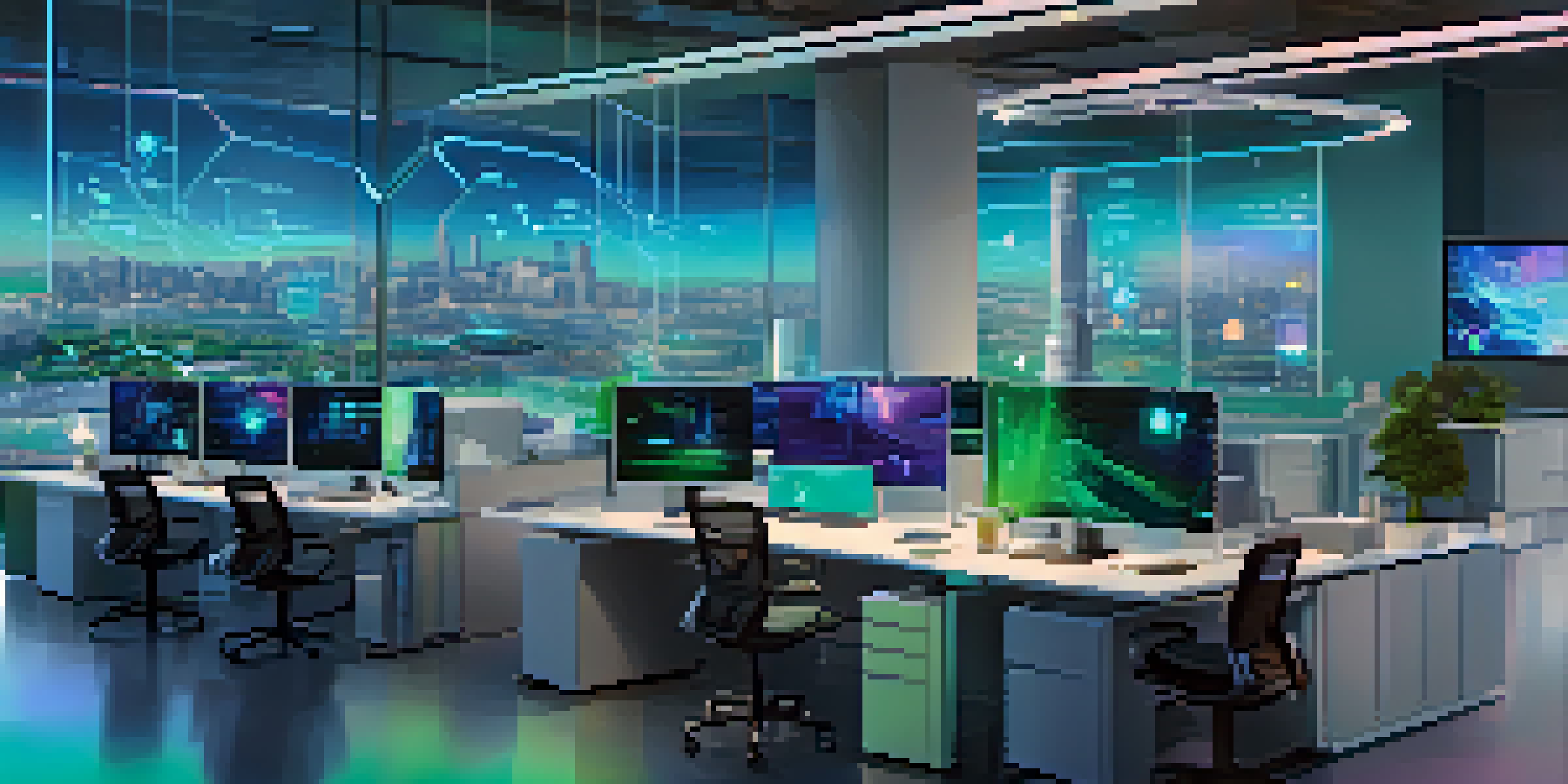 A modern office with employees working alongside digital displays and holograms, emphasizing AI-driven automation.