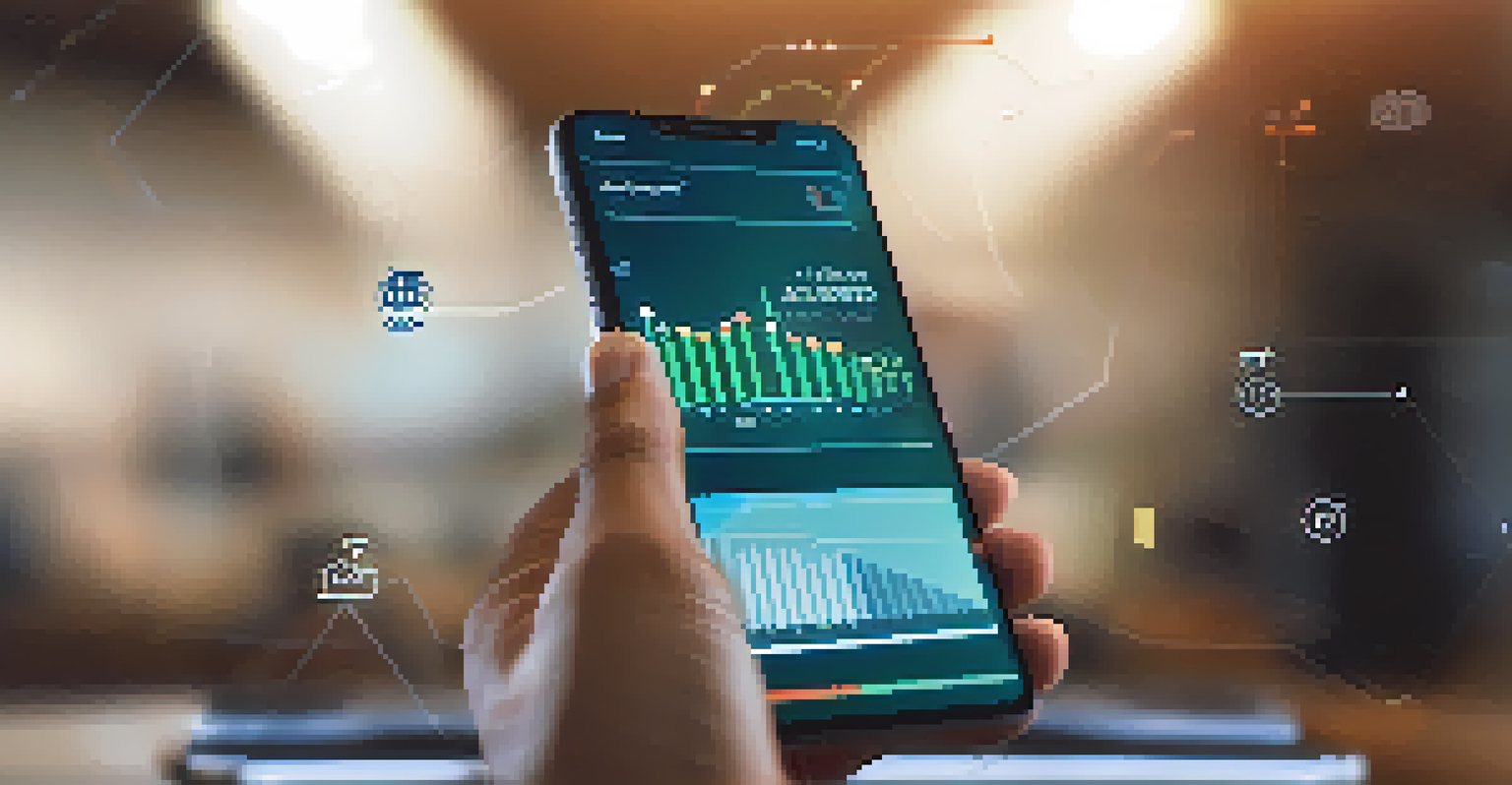 A close-up of a hand holding a smartphone showing A/B testing data, with a blurred modern workspace in the background.