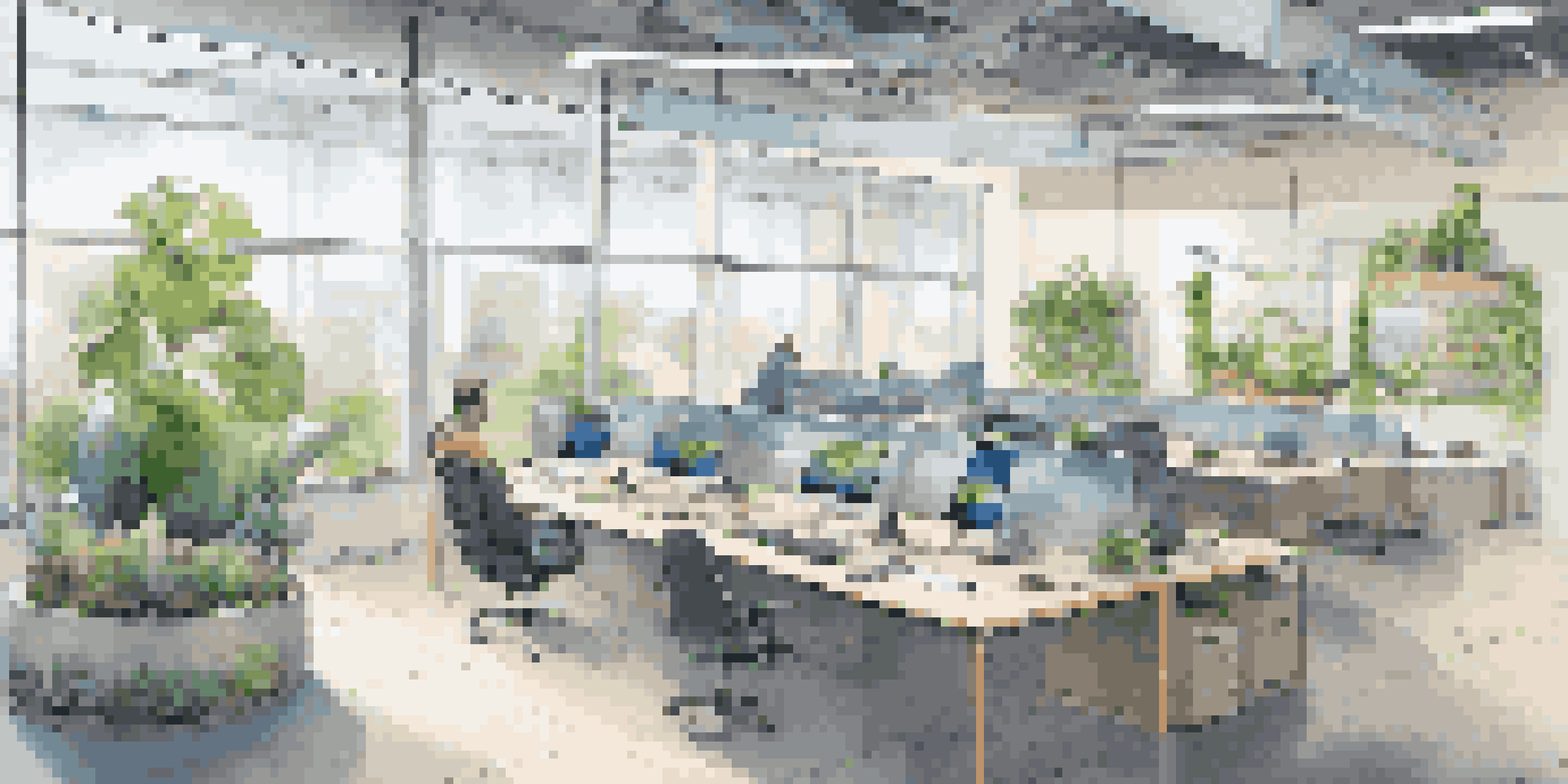 A bright and modern office space with large windows, indoor plants, and solar panels on the roof, showcasing a commitment to sustainability.