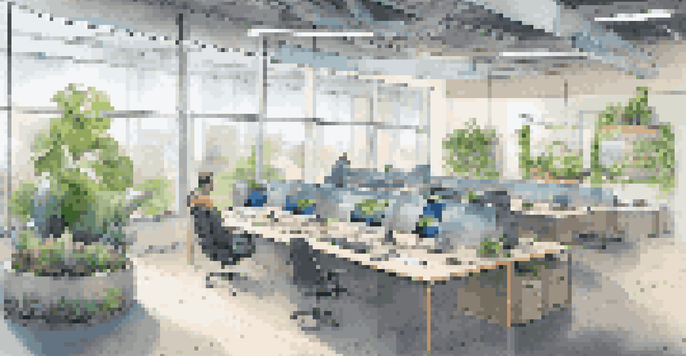 A bright and modern office space with large windows, indoor plants, and solar panels on the roof, showcasing a commitment to sustainability.