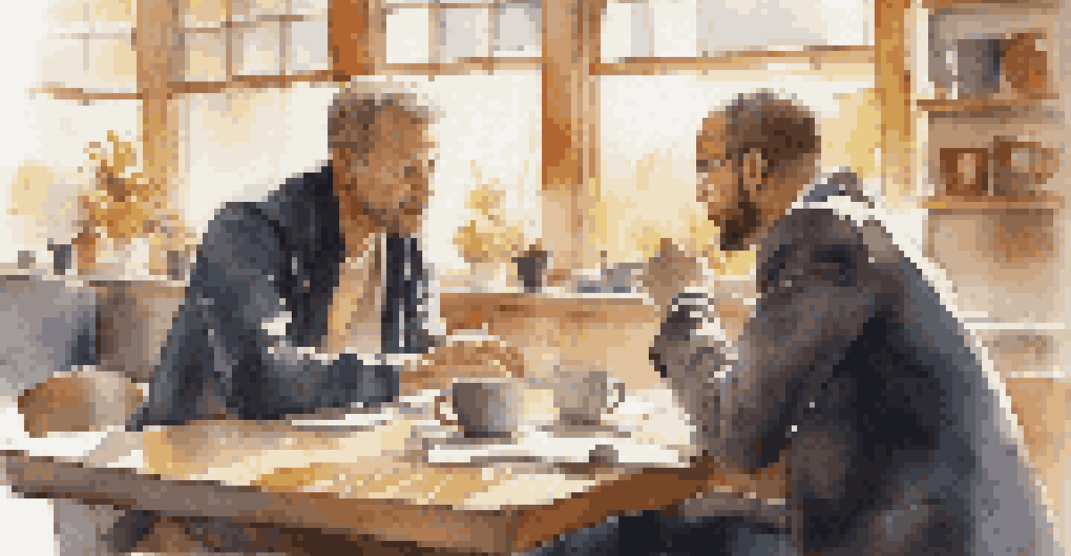 A mentor and young entrepreneur discussing ideas in a lively cafe atmosphere.