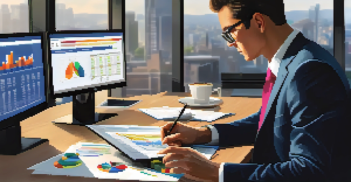A business professional analyzing data on a laptop in a modern office, with colorful graphs displayed on the screen.