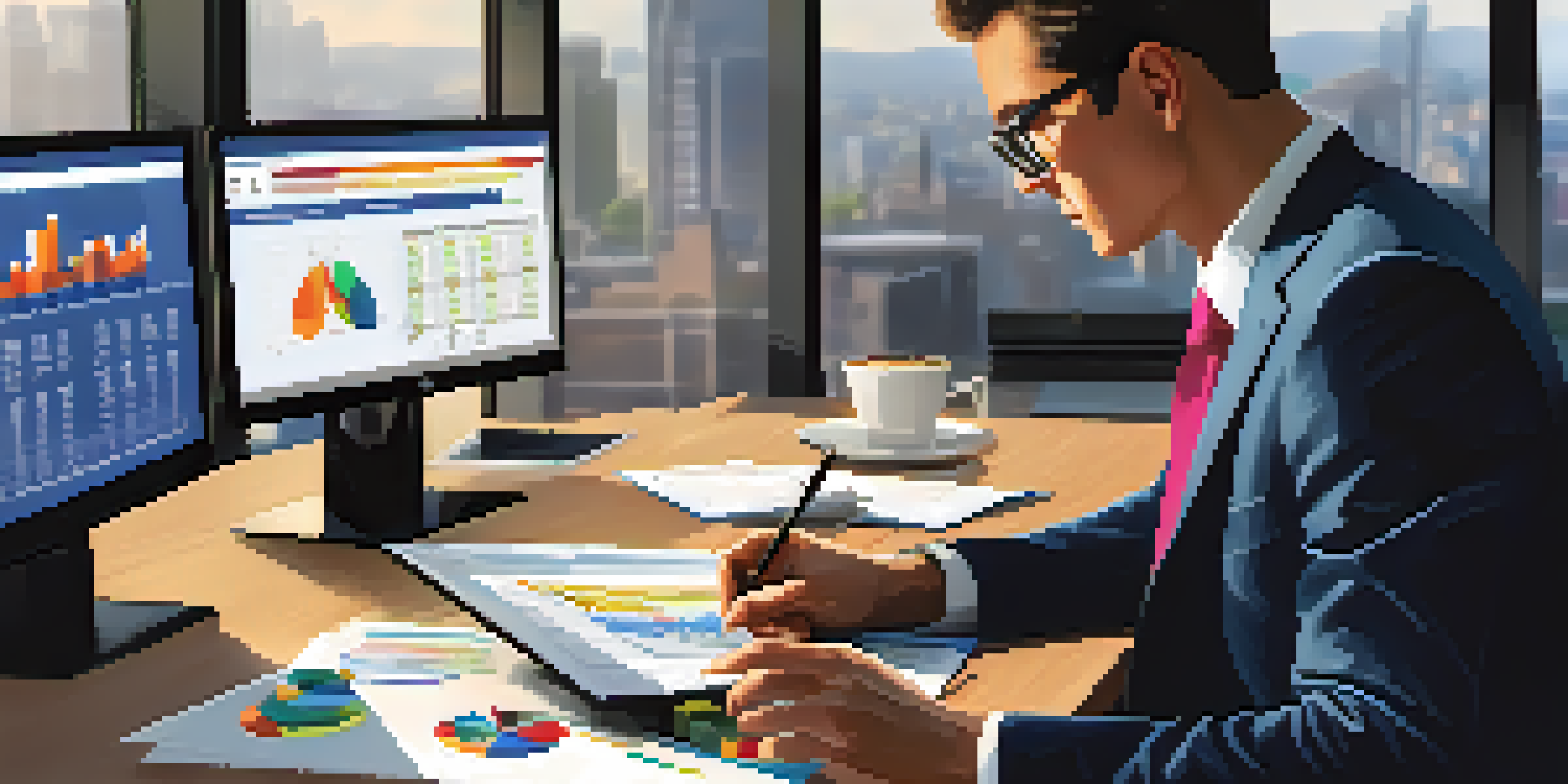 A business professional analyzing data on a laptop in a modern office, with colorful graphs displayed on the screen.