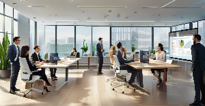 A diverse team of sales professionals in a modern office, engaged in a video conference with a virtual presentation displayed on a screen.