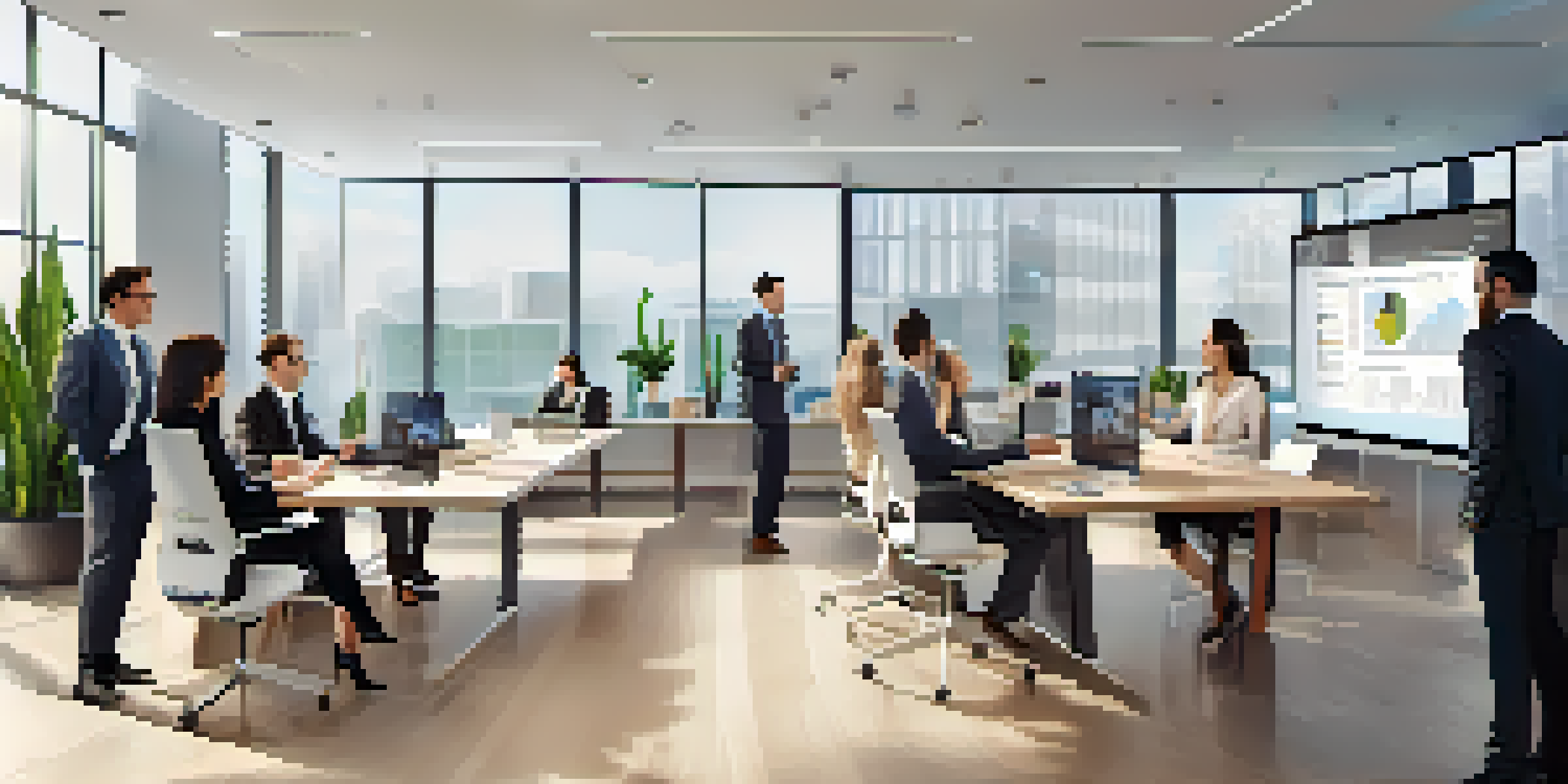 A diverse team of sales professionals in a modern office, engaged in a video conference with a virtual presentation displayed on a screen.