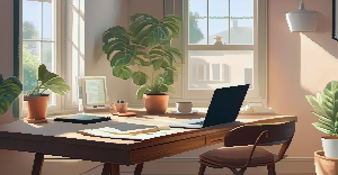 A cozy remote work setup with a wooden desk, laptop, coffee cup, and potted plant, illuminated by natural light.