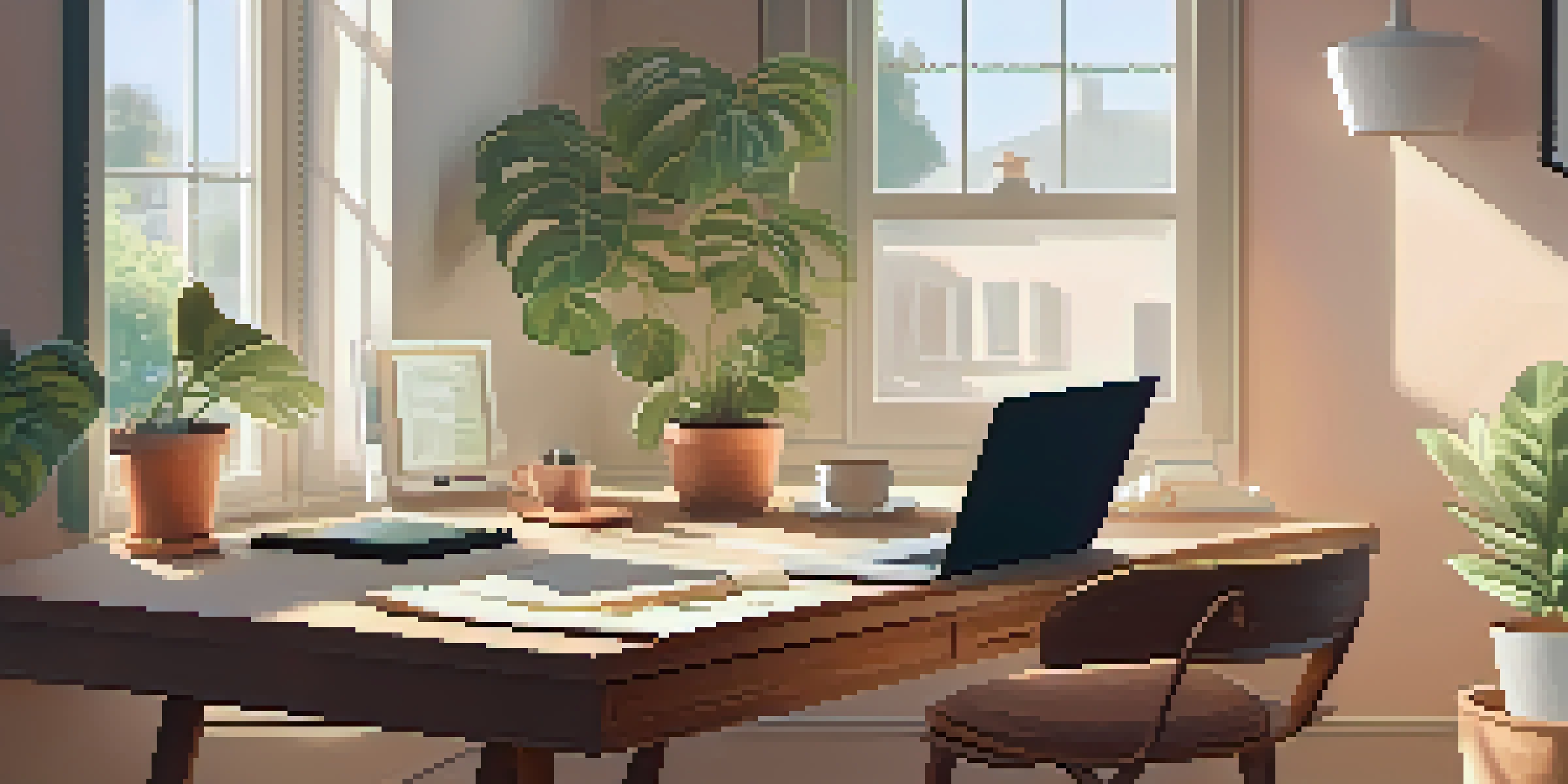 A cozy remote work setup with a wooden desk, laptop, coffee cup, and potted plant, illuminated by natural light.