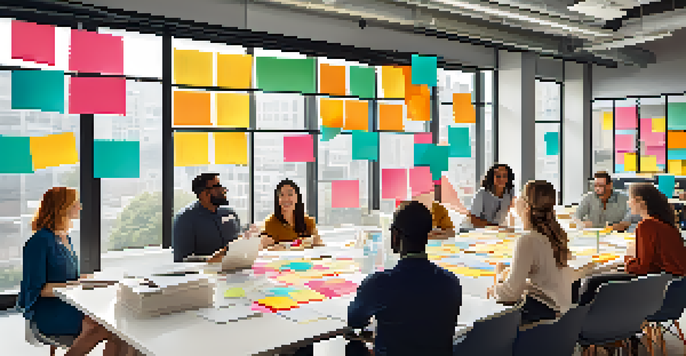 A diverse group of employees collaborating in a bright office, brainstorming ideas on sticky notes.