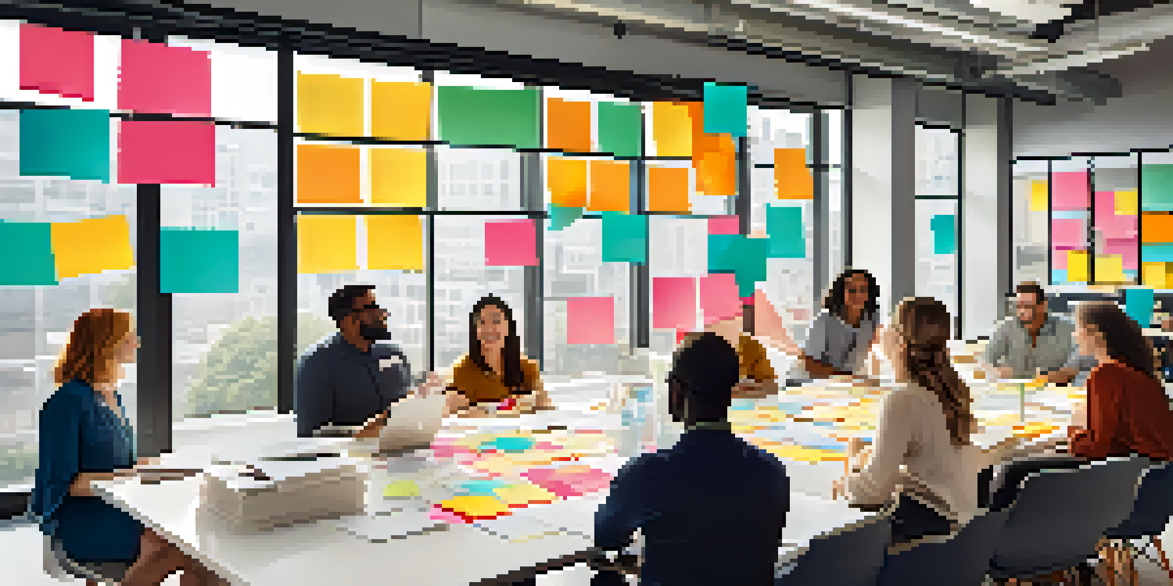 A diverse group of employees collaborating in a bright office, brainstorming ideas on sticky notes.