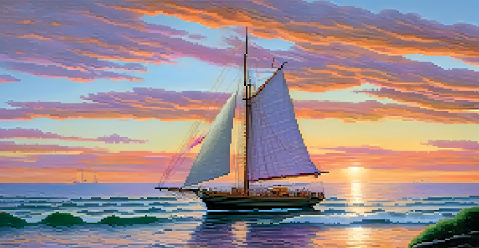 A peaceful sunset landscape with a wooden sailboat sailing towards the shore, vibrant colors in the sky.